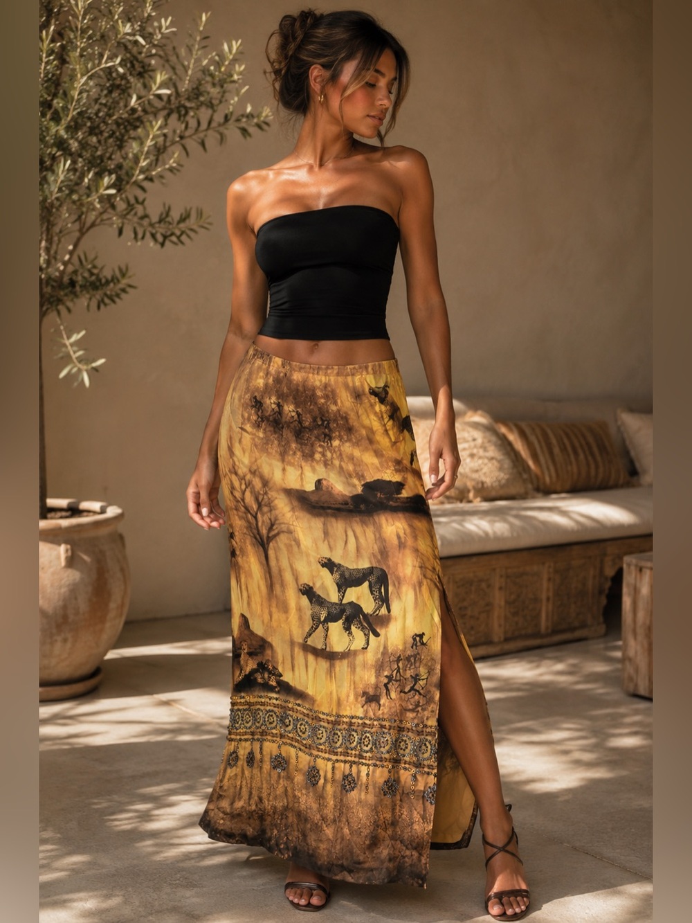 Silk Club Collection 100% Silk Safari Cheetah Sequin Maxi Skirt Size 12